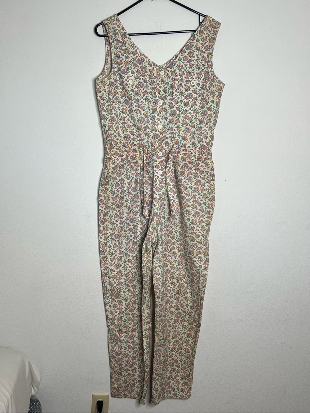 80’s VINTAGE Ashleigh  Morgan Floral Jumpsuit Sz S Cream /pink side pockets